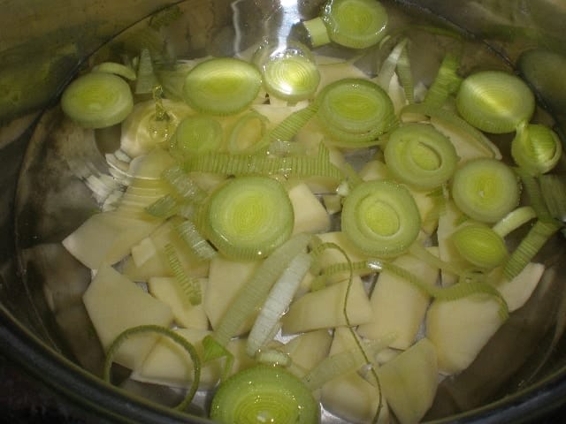 Puerro, ajo, papas y agua
